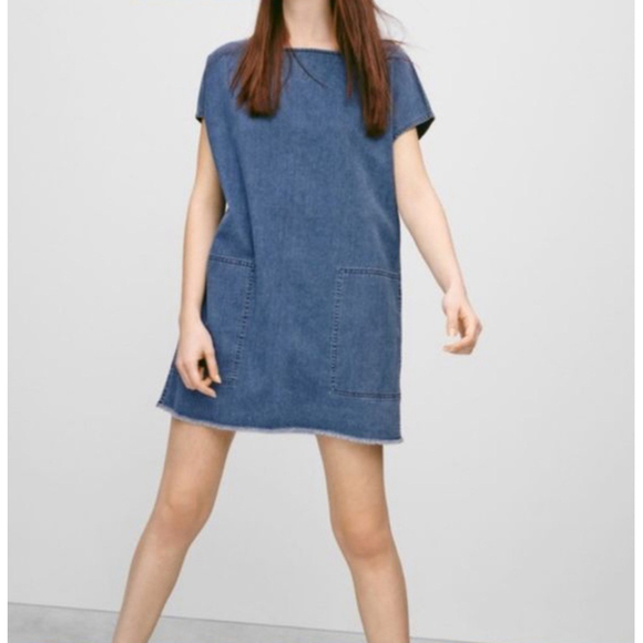 Aritzia Dresses & Skirts - Aritzia Wilfred Free Nori Denim Mini Dress Boxy Shift Raw Hem 100% Cotton, XS